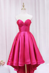 Hot Pink Satin High Low Prom Dress Outfits For Girls, Cute Sweetheart Neck Evening Party Dress