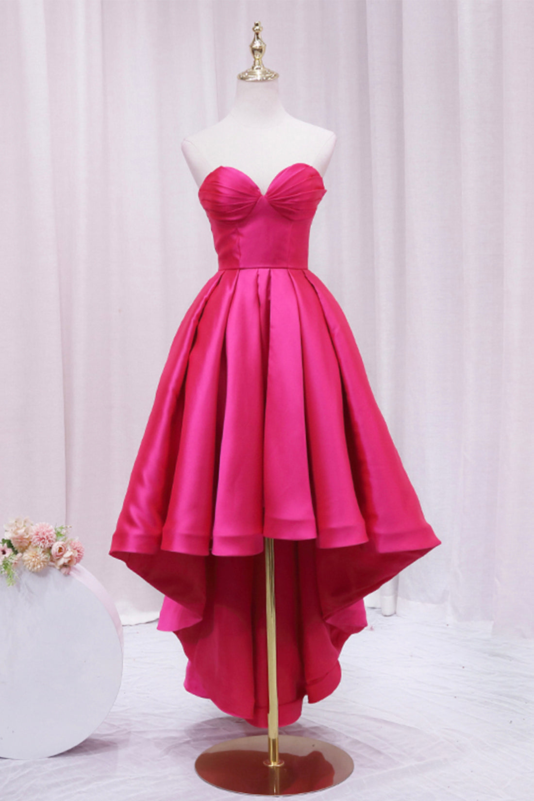 Hot Pink Satin High Low Prom Dress Outfits For Girls, Cute Sweetheart Neck Evening Party Dress