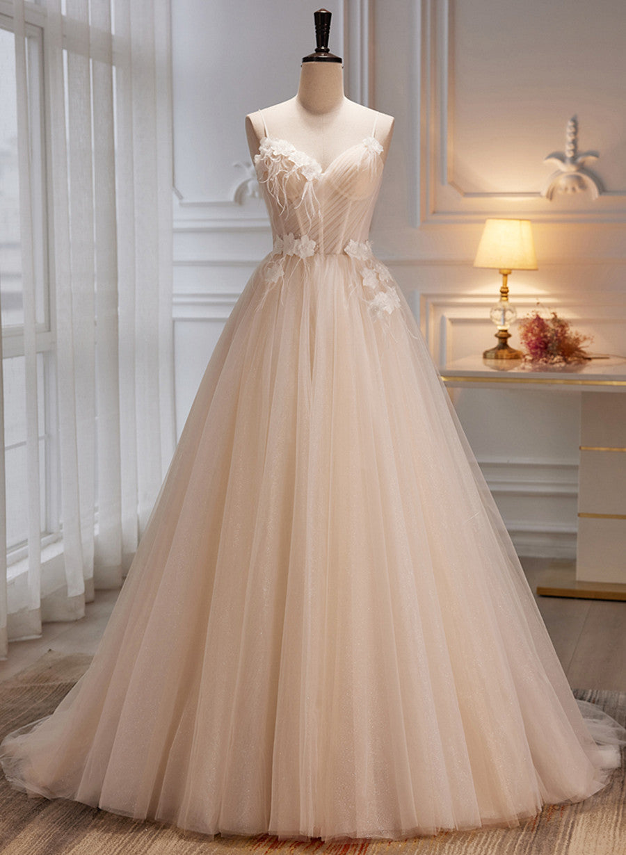 Ivory Tulle with Flowers Straps Prom Dress Outfits For Girls, A-line Ivory Party Dress