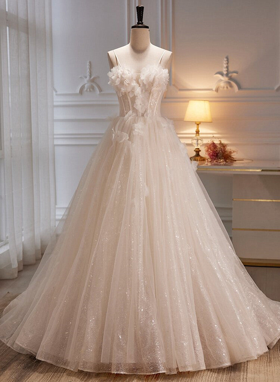 Ivory Tulle with Flowers Sweetheart A-line Long Prom Dress Outfits For Girls, Elegant Formal Dress