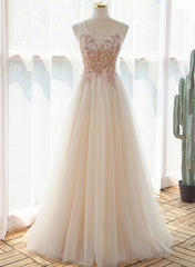 Ivory V-neckline Floor Length Tulle Prom Dress Outfits For Girls, Beaded Formal Dress Outfits For Women Evening Dress