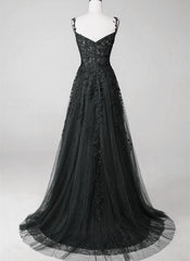 Black Sweetheart Tulle With Lace Long A-Line Prom Dress Outfits For Girls, Black Formal Dress