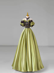 Green Satin Lace Long Prom Dress, Beautiful A-Line Evening Dress with Bow