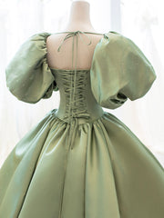 Green Satin Formal Evening Gown with  Puff Sleeve, A-Line Long Prom Dress