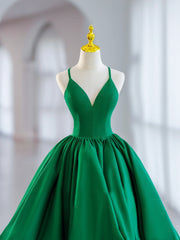 Green V-Neck Satin Short Prom Dress, A-Line Green Evening Dress
