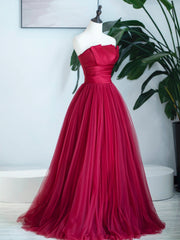 Burgundy Strapless Tulle Prom Dress, Burgundy Long Formal Dress
