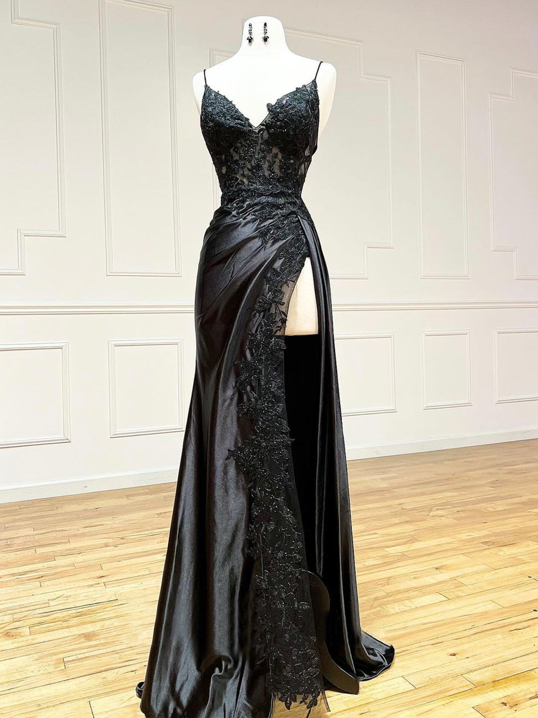 Black V-Neck Satin Lace Long Prom Dress, Black Spaghetti Strap Evening Dress with Slit