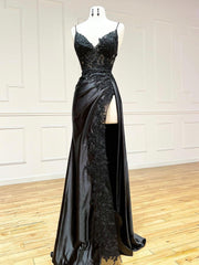 Black V-Neck Satin Lace Long Prom Dress, Black Spaghetti Strap Evening Dress with Slit