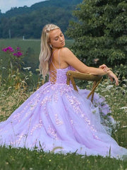 Lavender Applique Tulle Long Prom Dresses For Black girls For Women, Purple Lace Graduation Dresses For Black girls Formal Gown