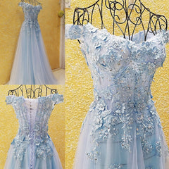 Light Blue Off Shoulder Long Party Dress Outfits For Women with Flowers, Tulle Blue Evening Dress Outfits For Women Prom Dress