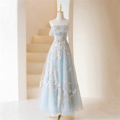 Light Blue Prom Dresses For Black girls Fairy,Long Blue Tulle Floral Appliques Formal Dresses