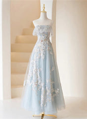 Light Blue Prom Dresses For Black girls Fairy,Long Blue Tulle Floral Appliques Formal Dresses