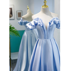 Light Blue Satin A-line Off Shoulder Long Formal Dress Outfits For Girls, Light Blue Evening Dress Outfits For Women Prom Dress