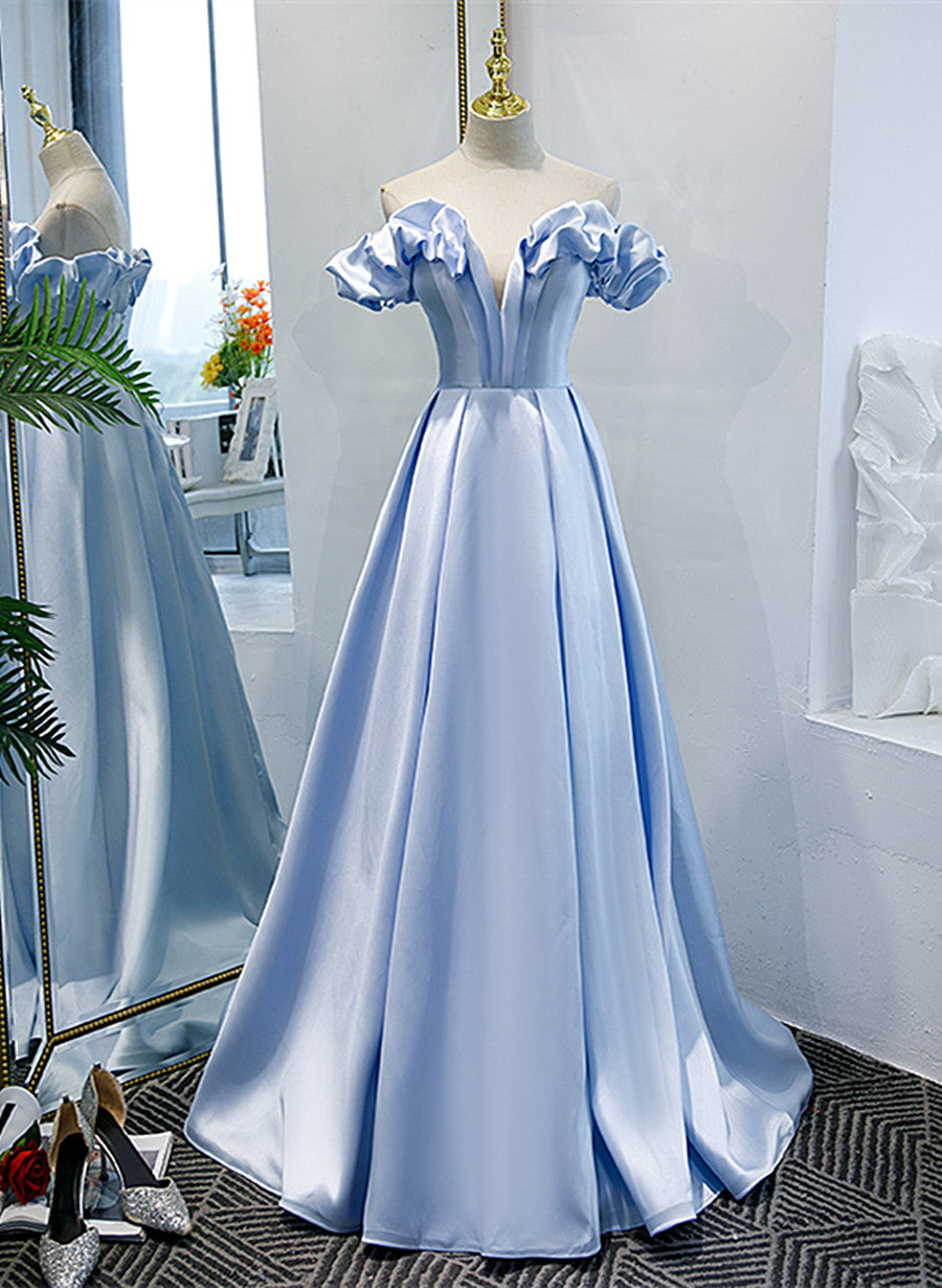 Light Blue Satin A-line Off Shoulder Long Formal Dress Outfits For Girls, Light Blue Evening Dress Outfits For Women Prom Dress