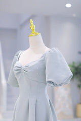 Light Blue Satin Long Prom Dress Outfits For Women with Pearls, A-Line Short Sleeve Party Dress
