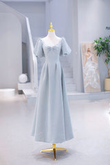 Light Blue Satin Long Prom Dress Outfits For Women with Pearls, A-Line Short Sleeve Party Dress