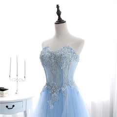 Light Blue Sweetheart Evening Dress Outfits For Girls, Long Tulle Prom Dress