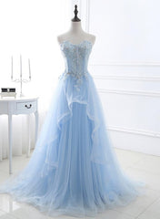 Light Blue Sweetheart Evening Dress Outfits For Girls, Long Tulle Prom Dress