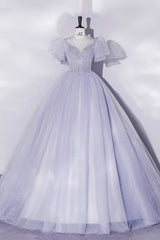 Light Blue Tulle Sequins Prom Dress Outfits For Girls, Scoop Neck Short Sleeve Puffy Floor-Length Evening Dress