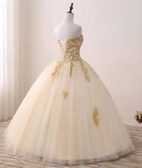 Light Champagne Ball Gown Party Dress Outfits For Girls, Sweet 16 Dress Outfits For Women with Gold Applique