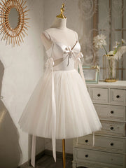 Light Champagne V neck Tulle Short Prom Dress Outfits For Girls, Tulle Puffy Homecoming Dress