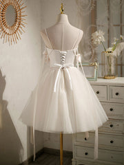 Light Champagne V neck Tulle Short Prom Dress Outfits For Girls, Tulle Puffy Homecoming Dress