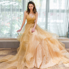 Light Champagne V-neckline Layers Straps Shiny Tulle Party Dress Outfits For Girls, Champagne Evening Gown Formal Dress