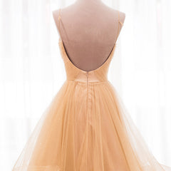 Light Champagne V-neckline Layers Straps Shiny Tulle Party Dress Outfits For Girls, Champagne Evening Gown Formal Dress