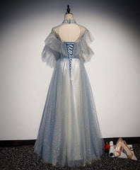 Light Gray Blue Tulle Lace Long Prom Dress Outfits For Girls, Gray Blue Tulle Evening Dress