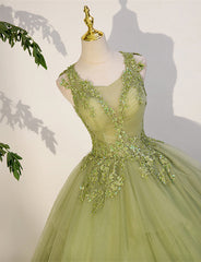 Light Green A-line Tulle with Lace Applique Prom Dress Outfits For Girls, Green Formal Dress