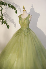 Light Green A-line Tulle with Lace Applique Prom Dress Outfits For Girls, Green Formal Dress