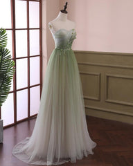 Light Green Gradient Tulle Long Formal Dress Outfits For Girls, Green Beaded Sweetheart Prom Dresses