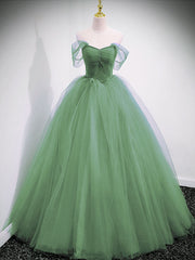 Light Green Off Shoulder Princess Long Party Dress Outfits For Girls, Green Sweet 16 Gown