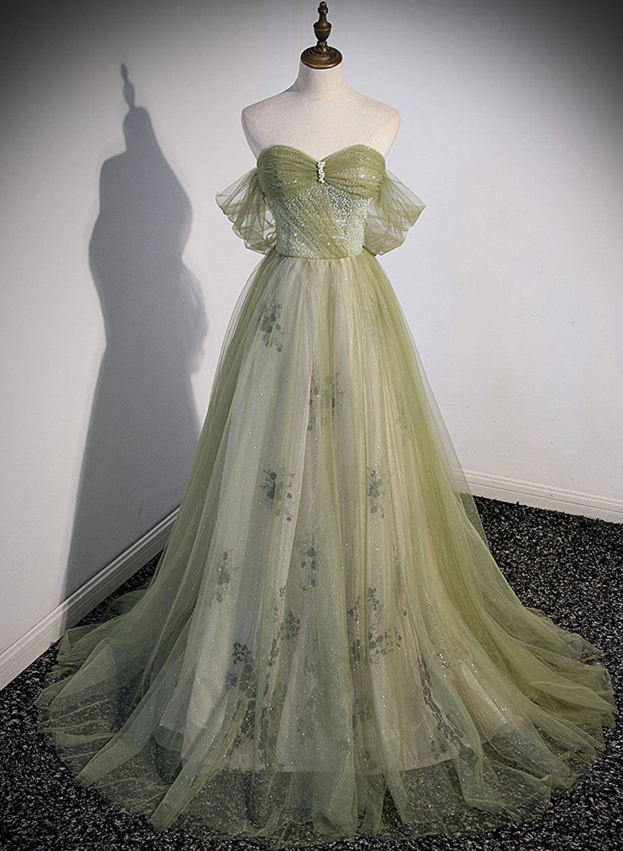 Light Green Sweetheart Tulle Beaded Party Dress Outfits For Girls, Green Long Prom Dress