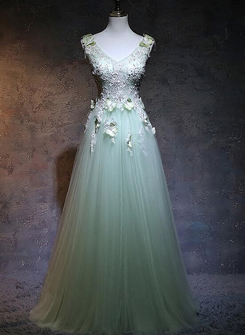 Light Green Tulle Long Party Dress Outfits For Girls, A-line Floor Length Prom Dress