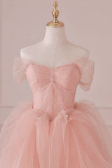 Light Pink Tulle Off Shoulder Lace and Beaded Prom Dress Outfits For Girls, Pink Formal Dress