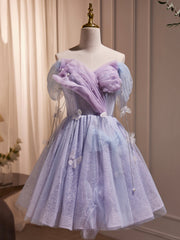 Purple Tulle Knee Length Birthday Party Formal Dress, Off the Shoulder Purple Prom Dress