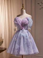 Purple Tulle Knee Length Birthday Party Formal Dress, Off the Shoulder Purple Prom Dress