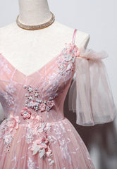 Pink V-Neck Lace Long Prom Dresses, A-Line Evening Dresses