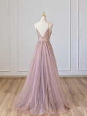 Pink V-Neck Tulle Long Prom Dress with Beaded, Pink Spaghetti Strap Evening Dress