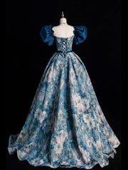 Blue Printed Long Ball Gown, Elegant A-Line Short Sleeve Evening Dress