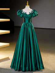 Green Satin Lace Floor Length Formal Dress, Short Sleeve A-Line Evening Dress