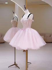 Pink Tulle Sequins Sweetheart Short Prom Dress, Pink Straps Party Dress