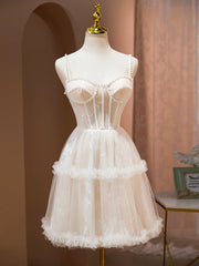 Champagne Spaghetti Strap Party Dress, Cute A-Line Evening Dress with Pearls