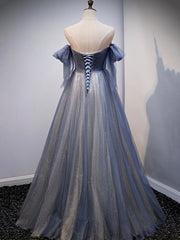Blue Sweetheart Tulle with Lace Party Dress, Blue Long Formal Dress
