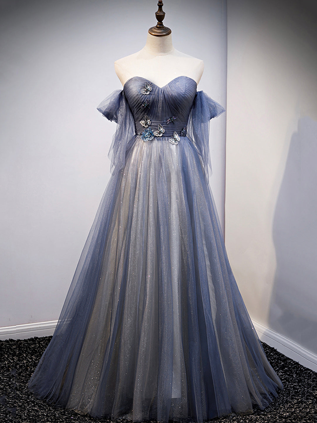 Blue Sweetheart Tulle with Lace Party Dress, Blue Long Formal Dress