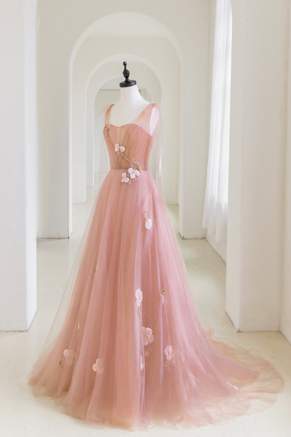 Pink Tulle Applique Long Evening Dress, A-Line Junior Prom Dress