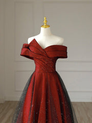 Burgundy Satin Long V-Neck Prom Dress, Off the Shoulder Party Dress