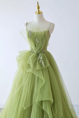 Green Spaghetti Strap Tulle Long Formal Evening Dress, Green A-Line Prom Dress