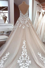 Long A-Line Sequin Tulle Spaghetti Straps Appliques Lace Wedding Dress